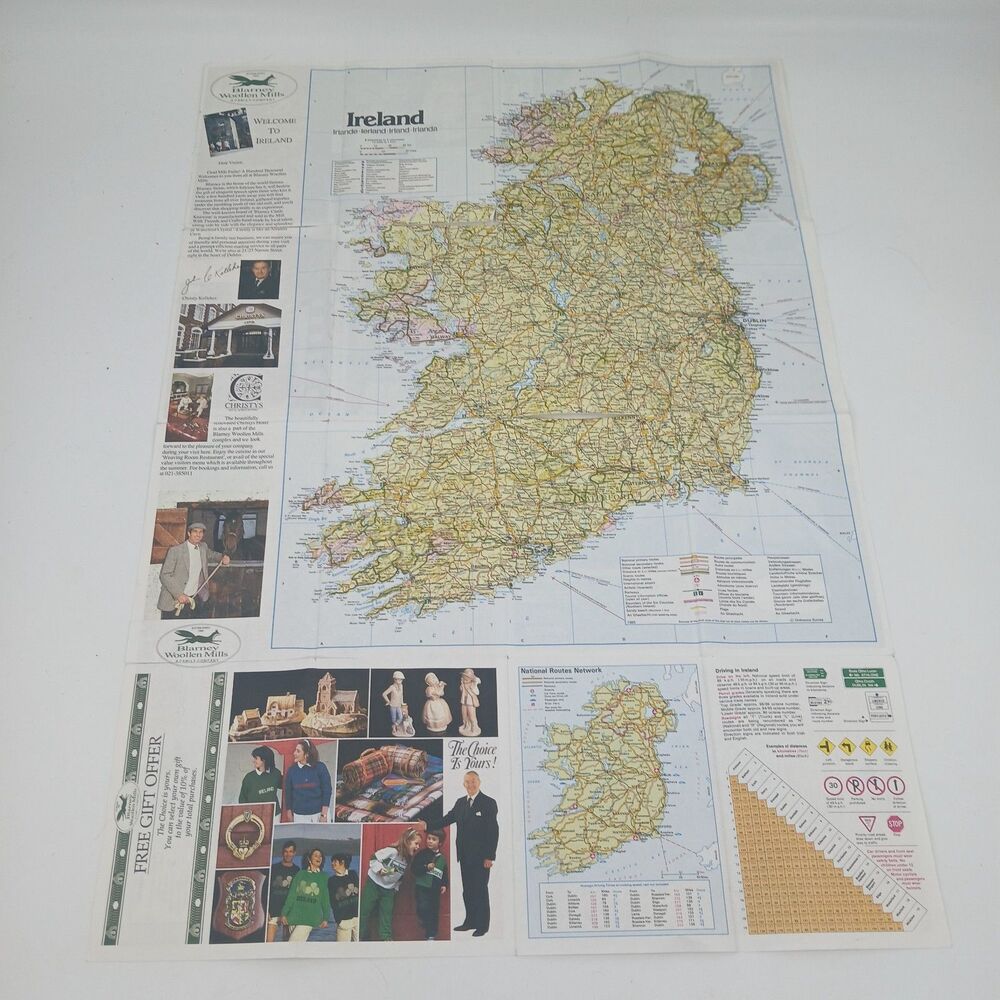 Vintage Ireland Fold Out Travel Tourist Map Regional Attractions Guide